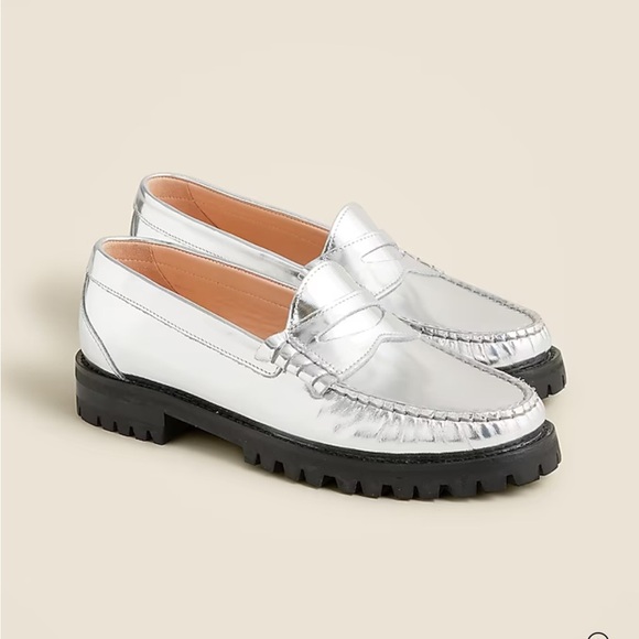 J. Crew Shoes - J. Crew Winona lug-sole penny loafers in metallic leather size 9.5 Silver